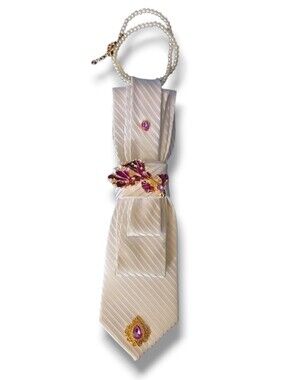 3/$60 White Striped Cravat with Purple Gem Koi Fish Accent